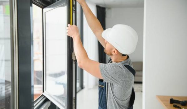 handsome young man installing bay window in new house construction site